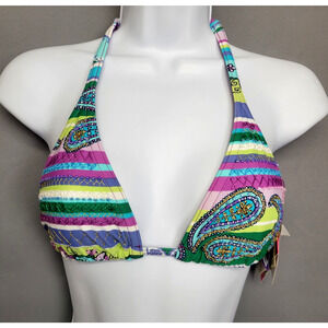 Cia Maritima Floral Bikini Top Womens Medium Embroidered Beaded Stripe Swimwear